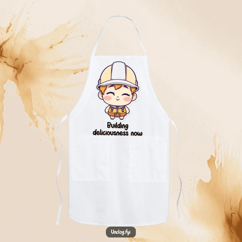 Funny character apron, wearing a hard hat and winking, perfect for humorous cooking.