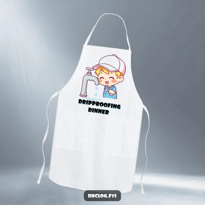 Funny apron with a cheerful character in a cap inspecting a dripping faucet, ideal for home repairs and kitchen tasks.