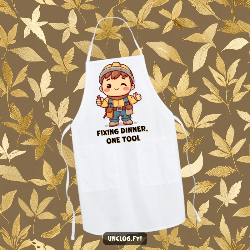 Funny Kawaii Apron with a smiling character wearing a tool belt, ready to assist in the kitchen, bringing humor and helpfulness.