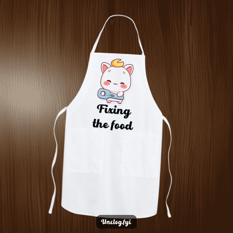 Funny repair guy apron featuring a winking character offering a tool, perfect for kitchen repair tasks.
