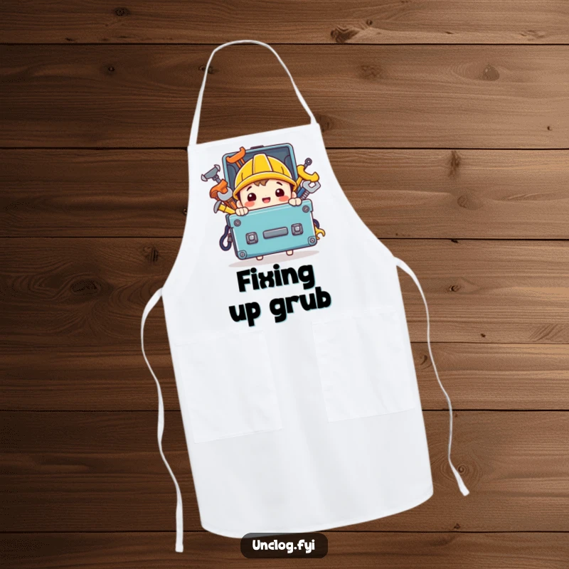 Funny apron featuring a character carrying a toolbox overflowing with shiny tools, perfect for keeping gear handy while working.