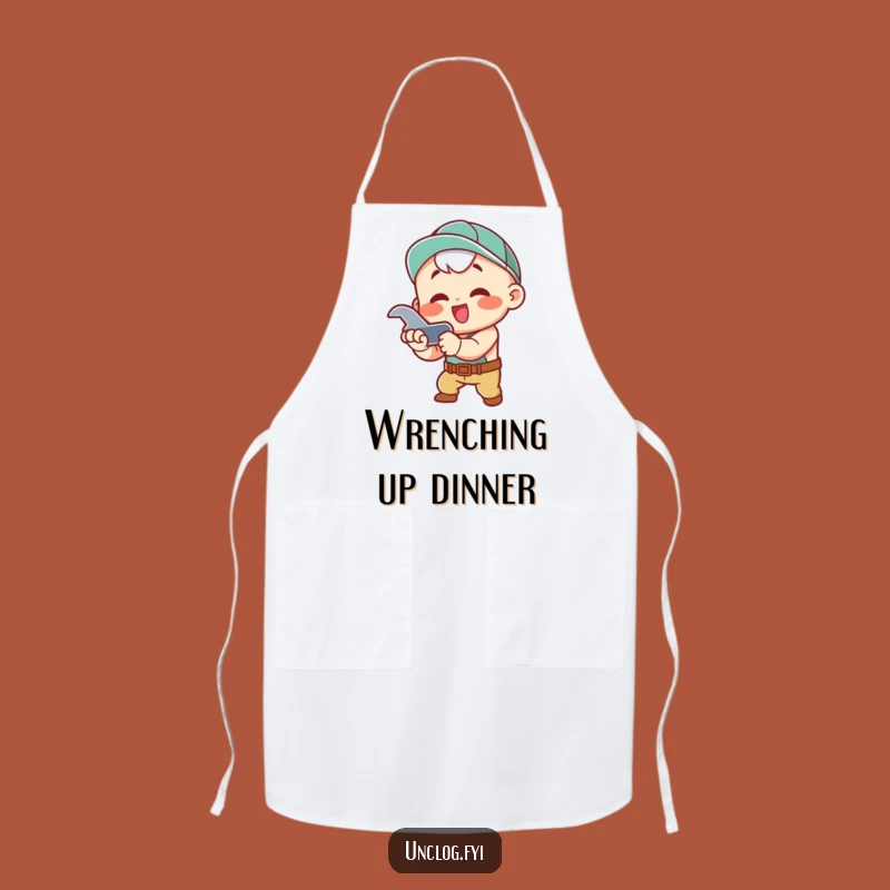 Funny Apron - Kawaii Plumber Character with Wrench, Kitchen Gift