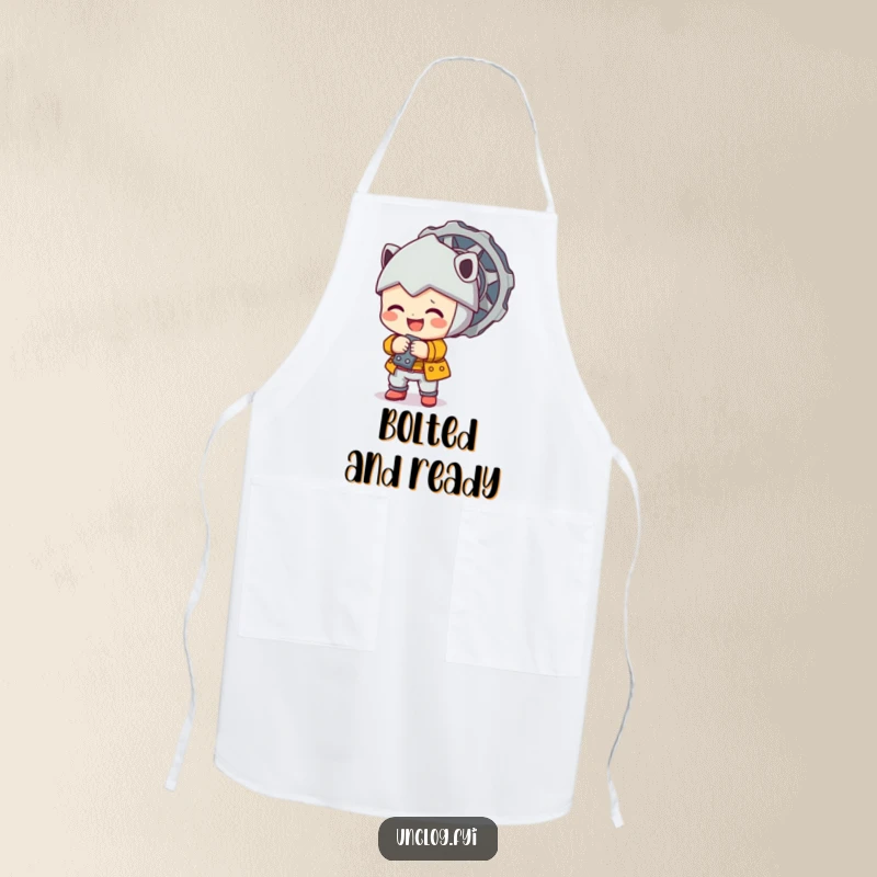 Cute character happily tightening a large bolt illustrated on a functional workshop apron.