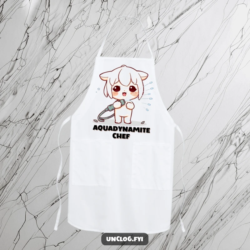 Funny Kawaii character playfully spraying a hose while wearing a chef hat, featured on a fun and functional apron for cooking.