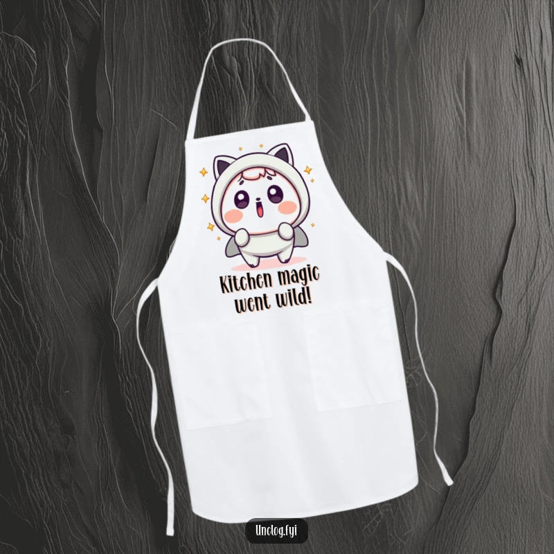 Funny Kawaii Apron showing a character reacting with surprise, complete with energetic flying sparks, ideal for a humorous cooking experience.