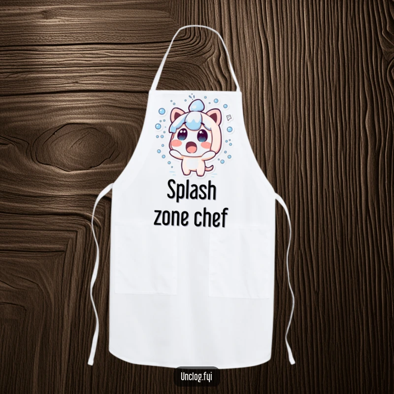 Funny kawaii apron depicting a cute surprised character with water spraying everywhere.