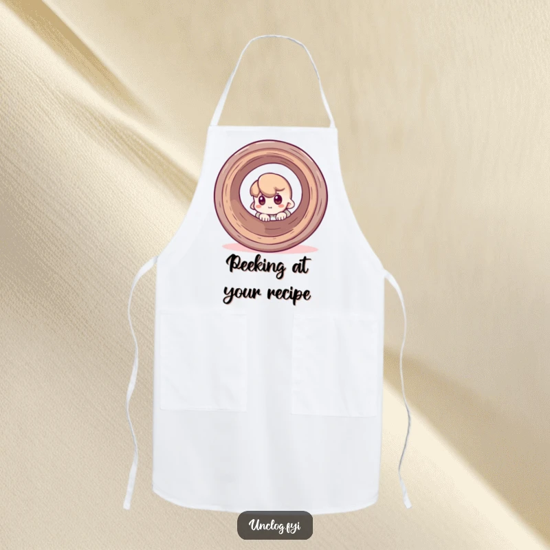 Funny apron showing a character peeking around a pipe, adding a humorous and curious vibe to kitchen activities.