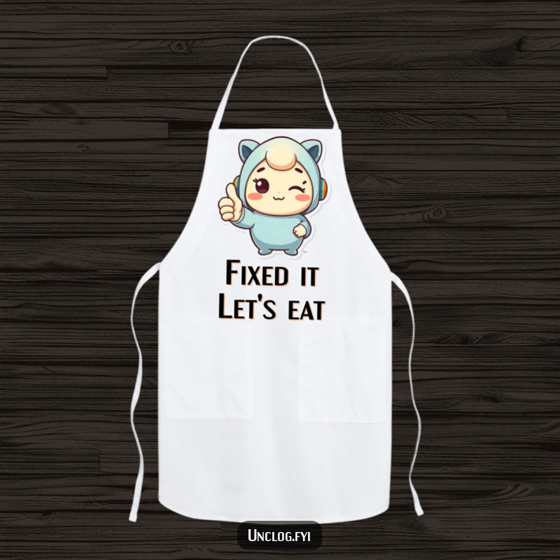 Funny apron with a cute chef character giving a thumbs up, celebrating kitchen success with a humorous design.