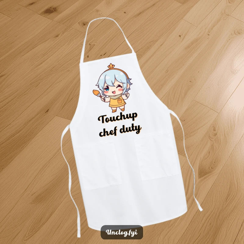 Funny apron graphic of a character happily using a small paintbrush for art touch-ups, symbolizing focus and creative flair in any task.