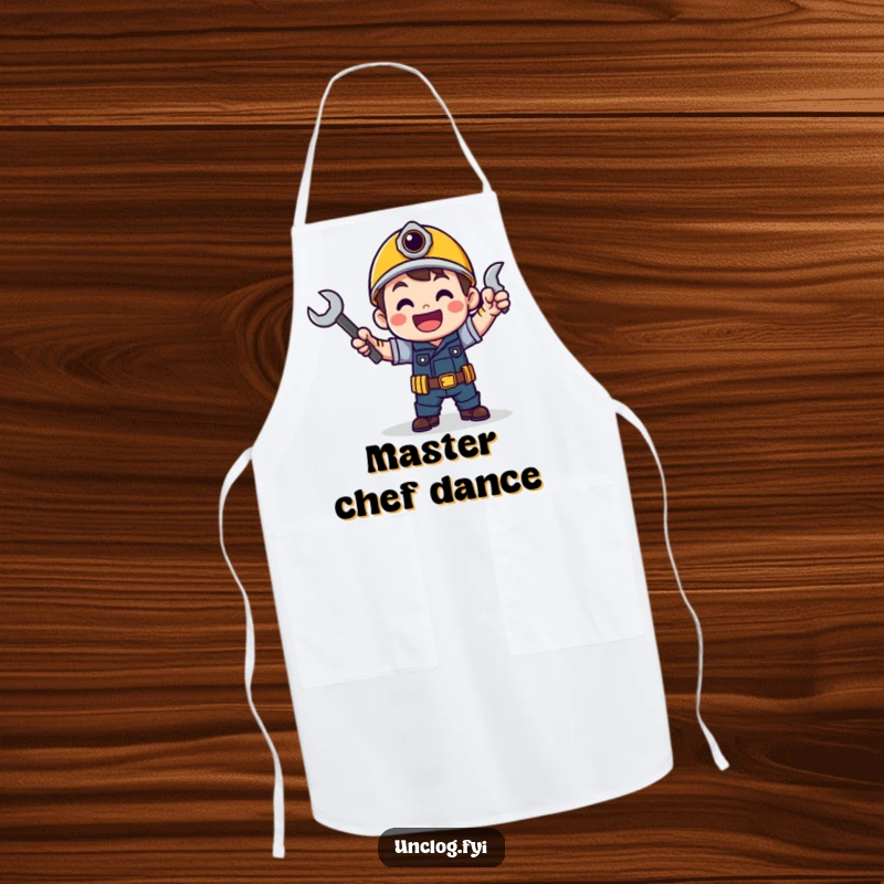 Funny apron showing a character doing a victory dance with a wrench, celebrating kitchen accomplishments.