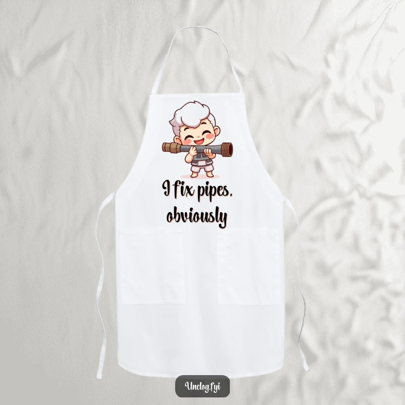 Funny apron featuring a smiling character with happy determination, expertly tightening a pipe, making it a humorous addition to any kitchen.