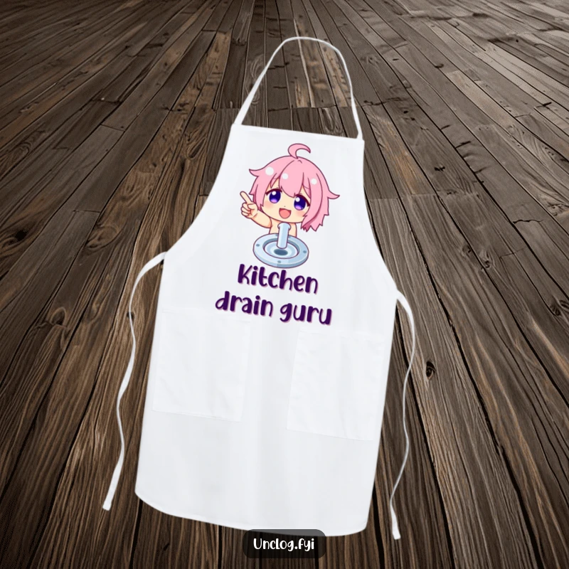 Funny apron designed with a character proudly indicating a perfectly clean drain, ideal for kitchen adventures.