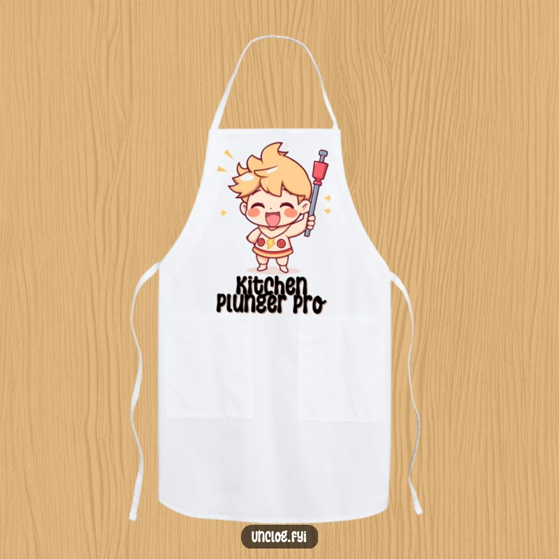Funny apron showing a character joyfully using a plunger with a triumphant look, celebrating mastery in a humorous and practical way.