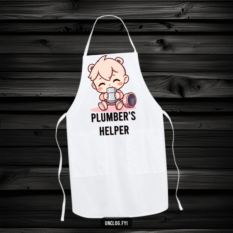 Funny Apron depicting a character proudly holding a shiny pipe fitting, ready to bring some mechanical flair to the kitchen, perfect for a humorous cooking experience.