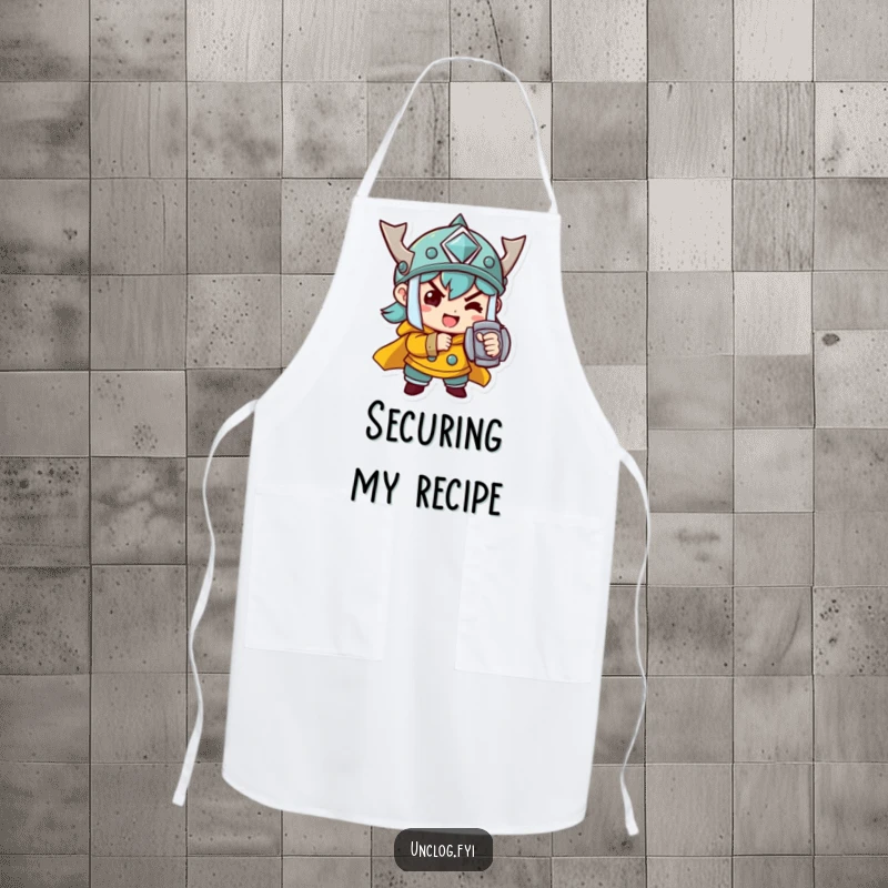 Funny Apron with a cheerful character determinedly tightening a bolt, perfect for adding humor to workshops or kitchens.