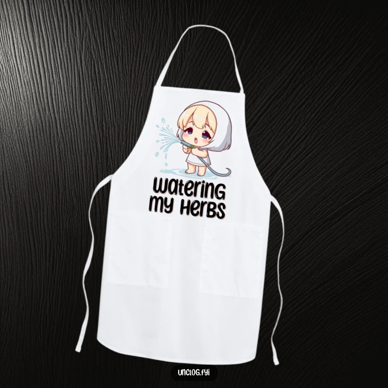 Funny apron featuring a character playfully spraying water from a small hose, suitable for cooking or gardening.