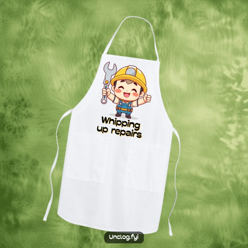 Funny mechanic apron with a cute character holding a shining wrench proudly, perfect for a humorous and functional accessory.