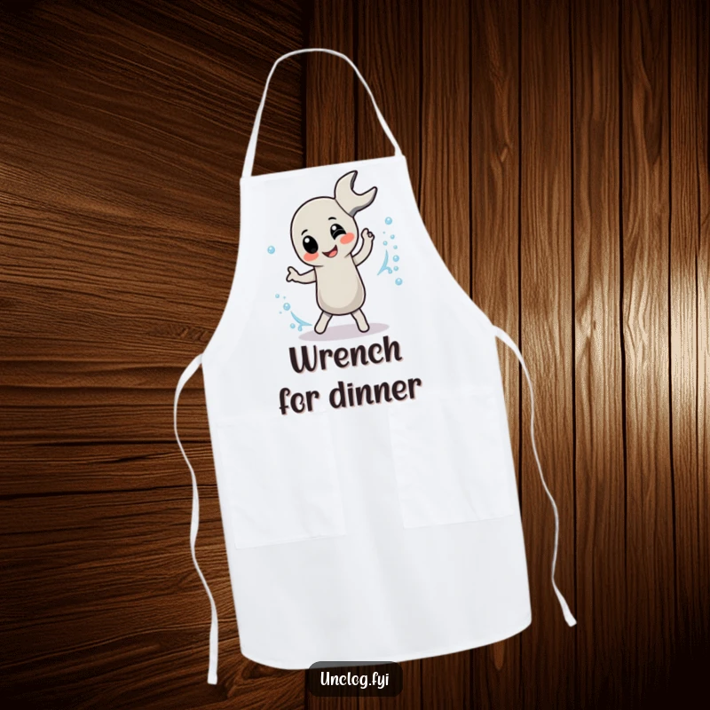 Funny Apron with a pipe wrench character playfully dancing with a bubbly stream, ideal for kitchen humor.