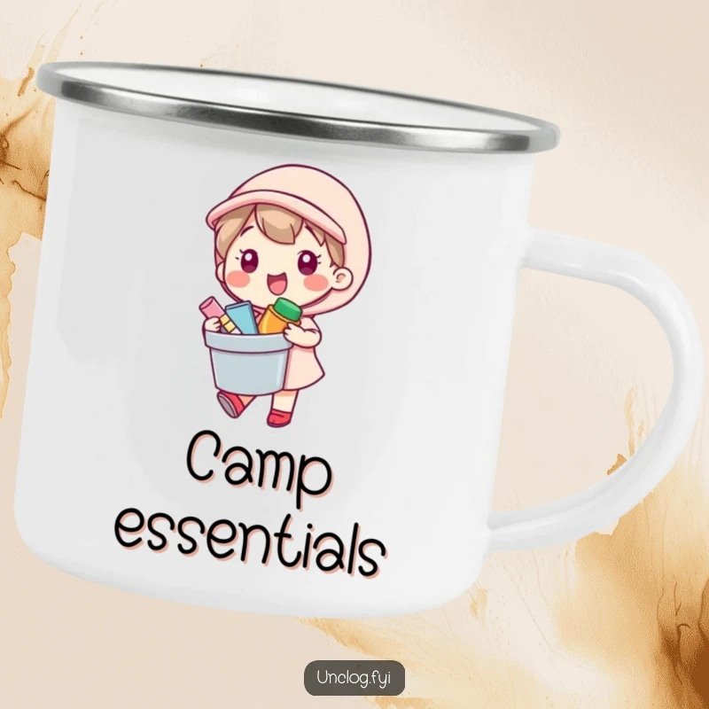 Funny Camping Mug with a kawaii character happily carrying a bucket of supplies, perfect for outdoor helpfulness.