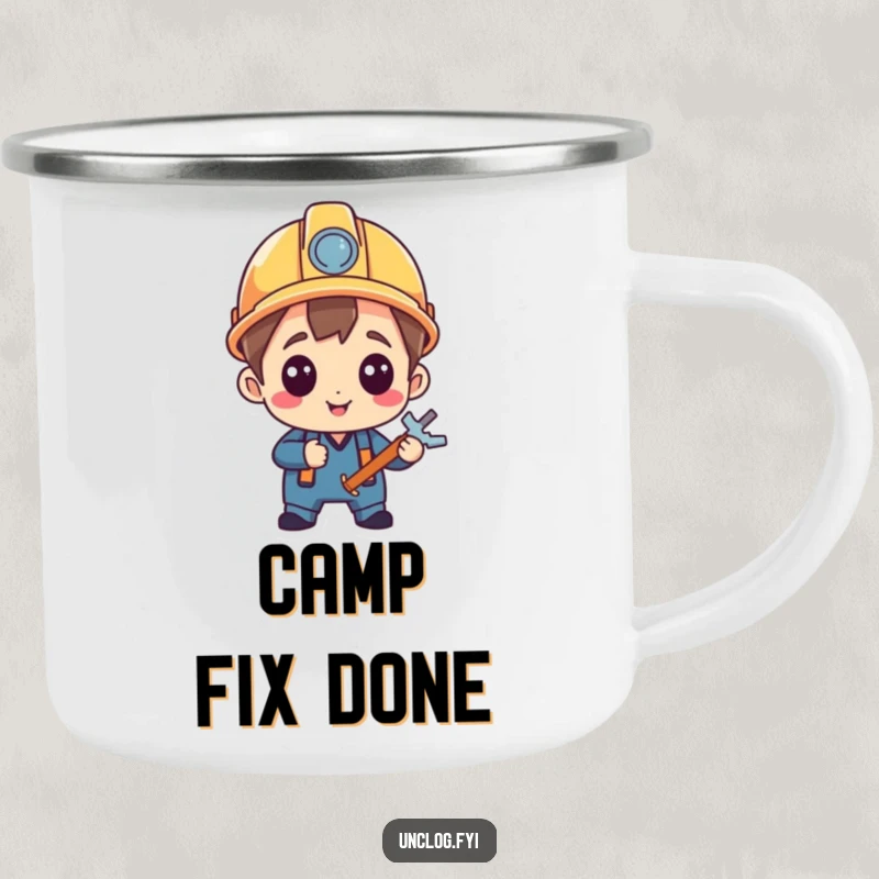 Funny Camping Mug featuring a character in a hard hat, pleased with a repair, ready for your next outdoor escapade and a good laugh.