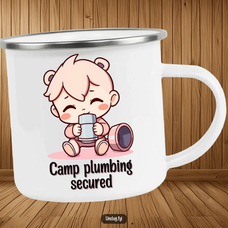 Funny Camping Mug illustration of a character with a shiny pipe fitting, embodying adventurous spirit and a love for DIY projects in the outdoors.
