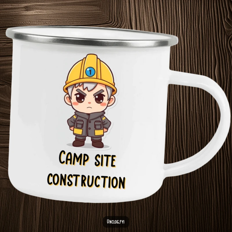 Funny camping mug with a determined character sporting a small hard hat, ready for any outdoor task.