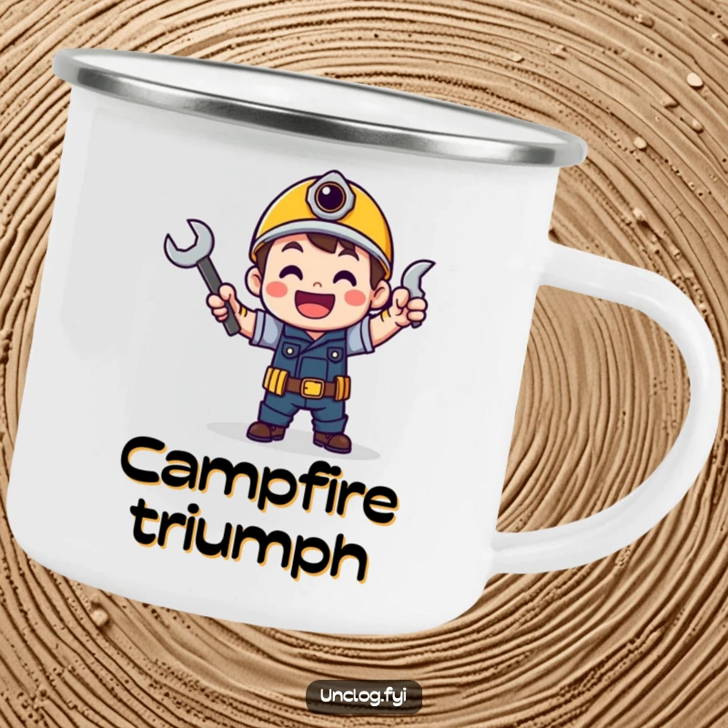Funny camping mug showing a character doing a victory dance with a wrench, perfect for celebrating outdoors.