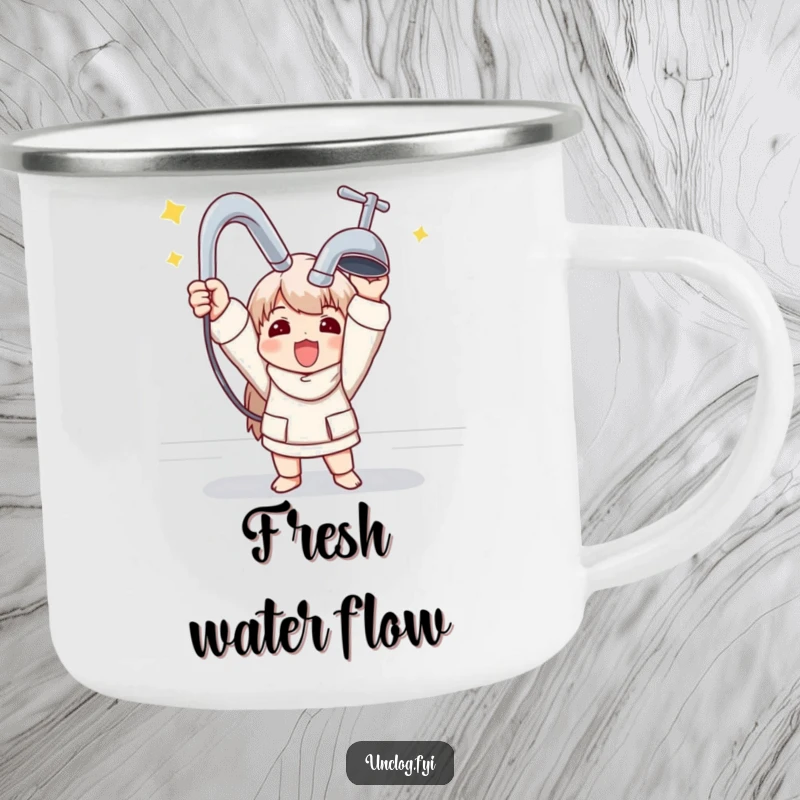 Funny camping mug featuring a character triumphantly holding a shiny new faucet, perfect for any adventure.