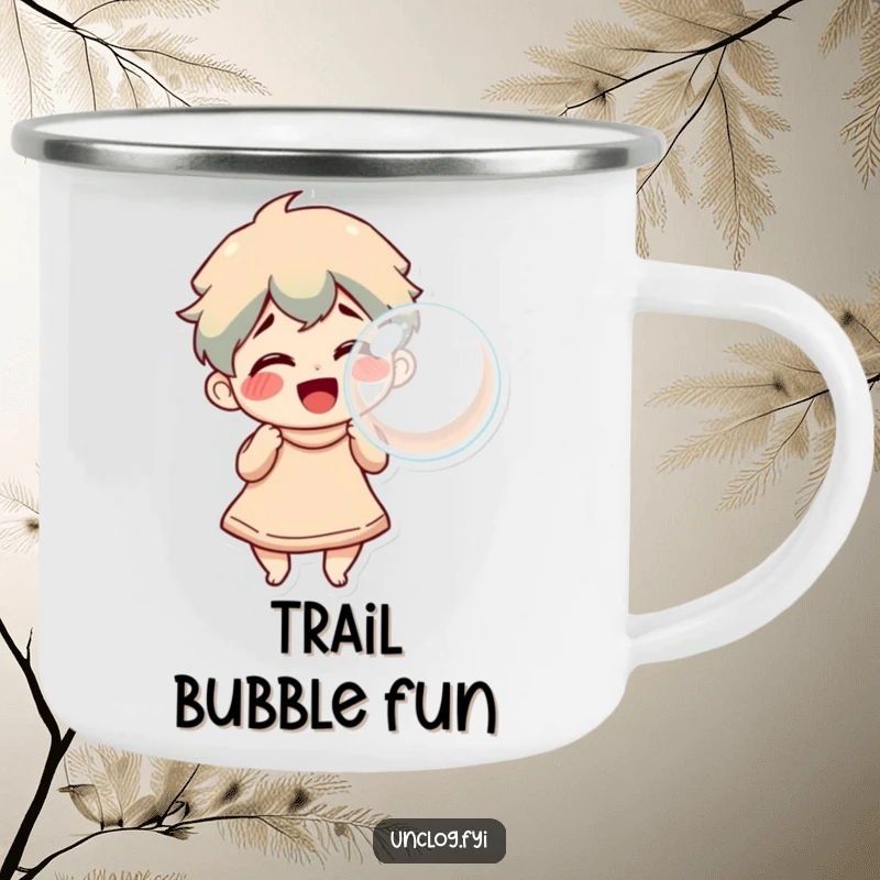 Funny Camping Mug featuring a character blowing a large, triumphant bubble, ready for your next outdoor escapade and a good laugh.