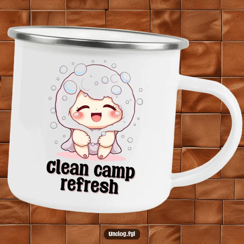 Funny camping mug with a cute character enjoying harmless soap bubbles and giggling, perfect for outdoor enthusiasts who love humor.