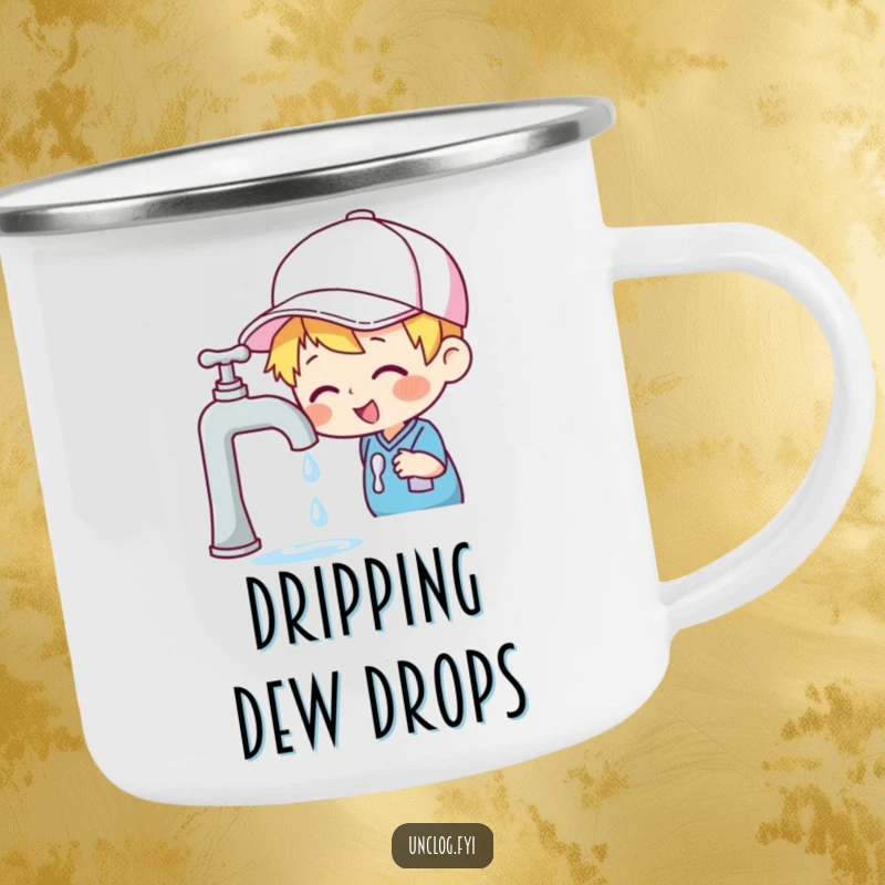 Funny camping mug with a cheerful character in a cap inspecting a dripping faucet, for the observant adventurer.