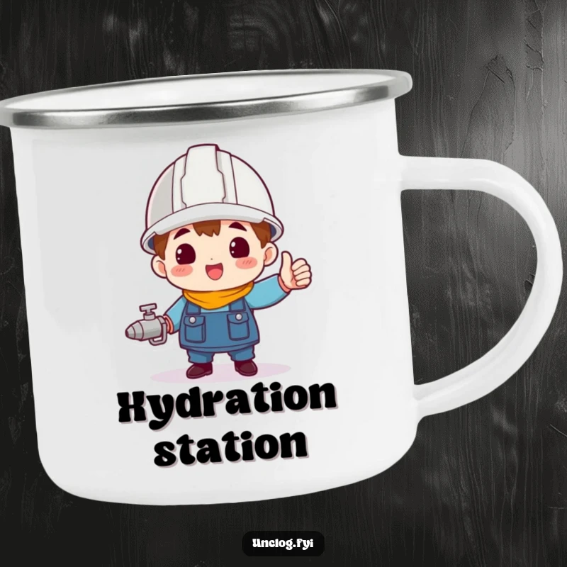 Funny character wearing a hard hat, triumphantly holding a spigot, on a rugged camping mug.