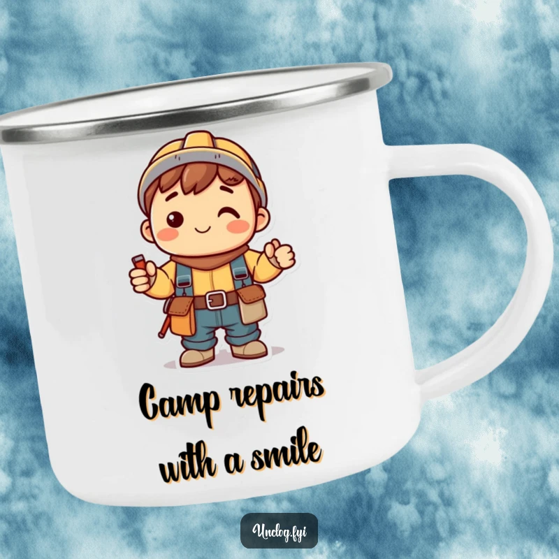 Funny Kawaii Camping Mug of a smiling character with a tool belt, ready for any outdoor task, perfect for the handy camper.