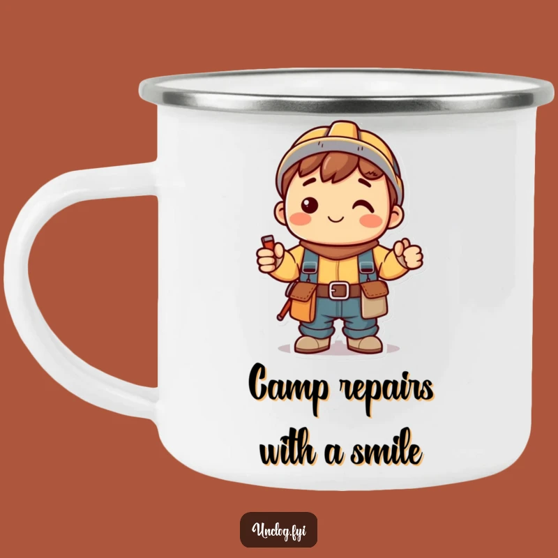 Funny Kawaii Handy Camping Mug: Smiling Fixer with Tool Belt, Outdoor Ready