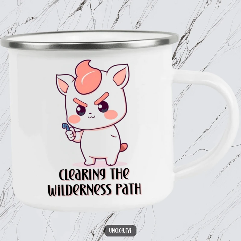 Funny Kawaii Camping Mug with a determined character pushing a plunger, symbolizing a proactive and humorous approach to outdoor challenges.