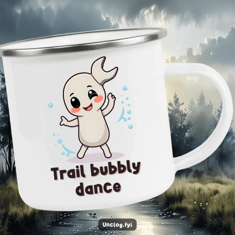Funny Camping Mug featuring a pipe wrench character playfully dancing with a bubbly stream, perfect for outdoor humor.