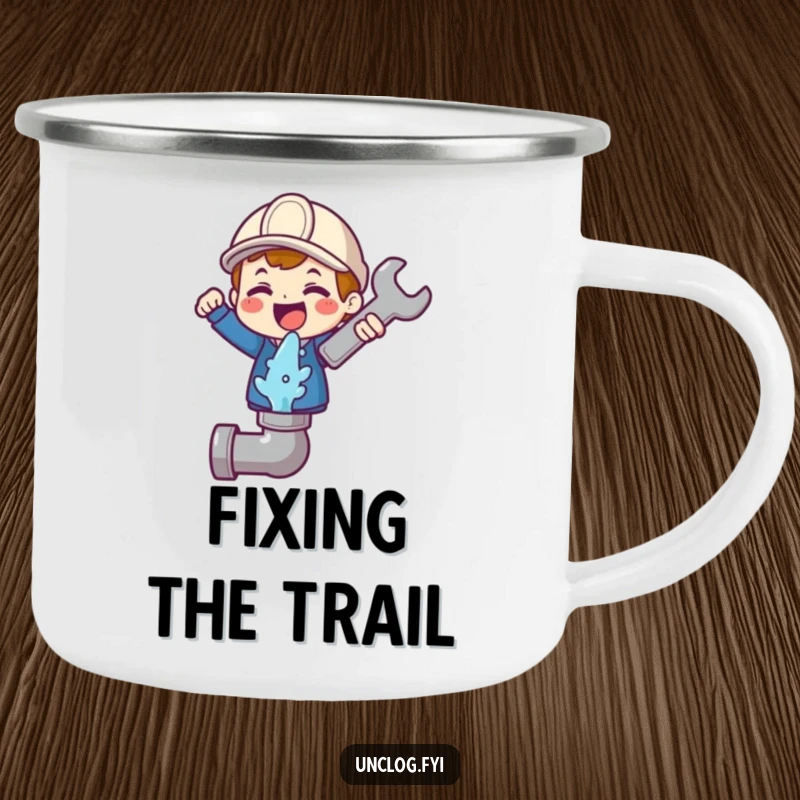 Funny camping mug with a cute character gleefully holding a wrench over a gushing pipe icon, for the handy adventurer.