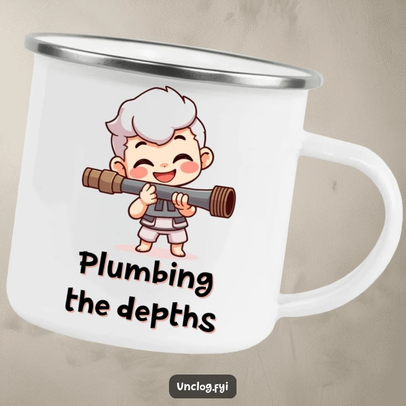 Funny camping mug showcasing a smiling character with happy determination, expertly tightening a pipe, perfect for rugged adventures and humor.