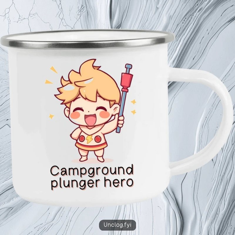 Funny camping mug depicting a character joyfully using a plunger with a triumphant look, perfect for celebrating outdoor victories with humor.