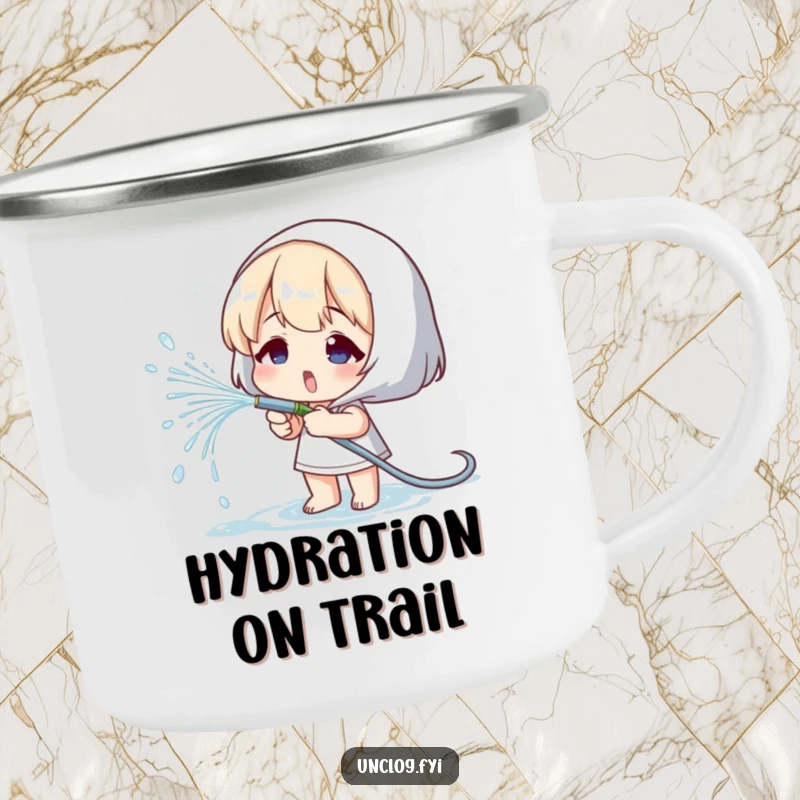 Funny camping mug featuring a character playfully spraying water from a small hose, perfect for outdoor use.
