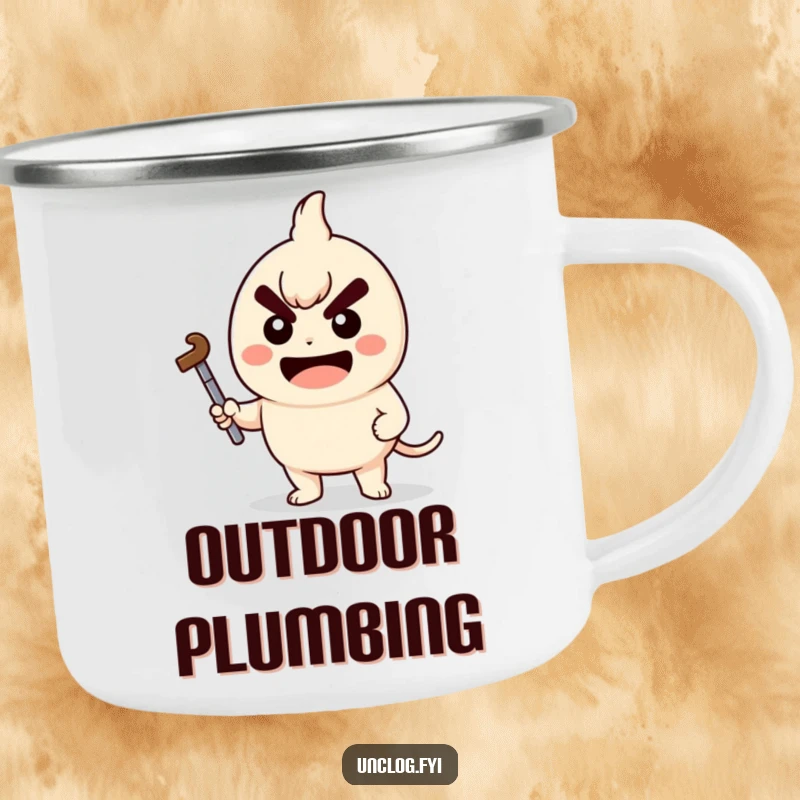 Funny Camping Mug with a kawaii character holding a plunger with a determined grin, perfect for outdoor problem-solving.