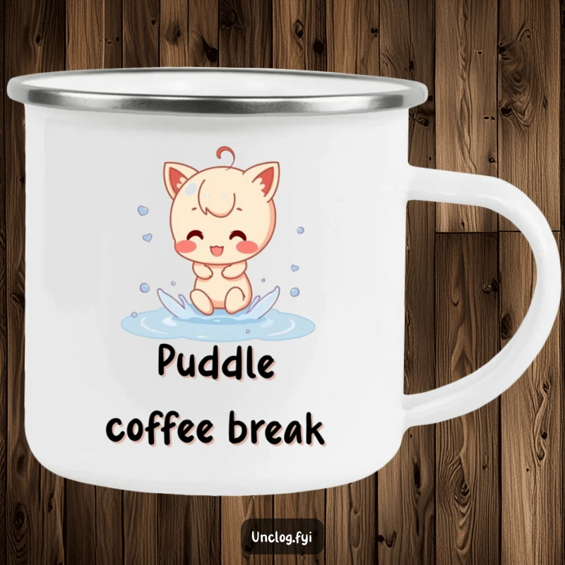 Funny Camping Mug illustration of a character happily splashing in a puddle, embodying adventurous spirit and a love for playful outdoor moments.