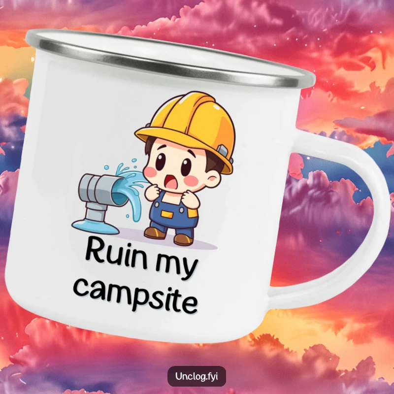 Funny camping mug showing a surprised character in a hard hat with a gushing water pipe.
