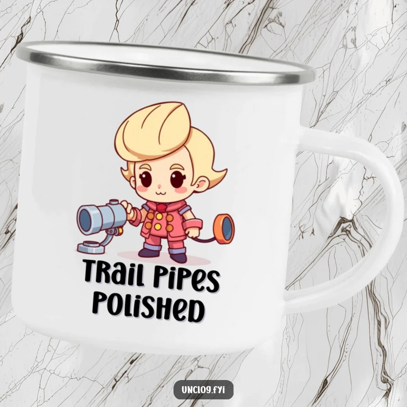 Funny camping mug featuring a proud character and a shiny new pipe, ideal for outdoor humor.