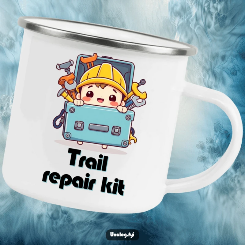 Funny camping mug with a character carrying a toolbox overflowing with tools, perfect for outdoor projects or breaks.