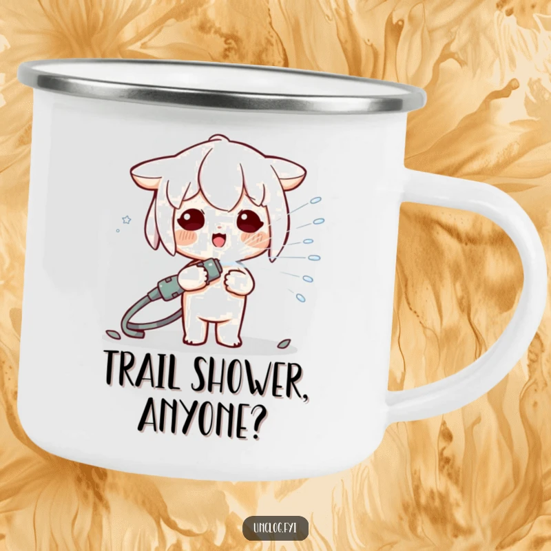 Funny Kawaii character playfully spraying a hose on a rustic camping mug, perfect for outdoor enthusiasts who love a laugh.