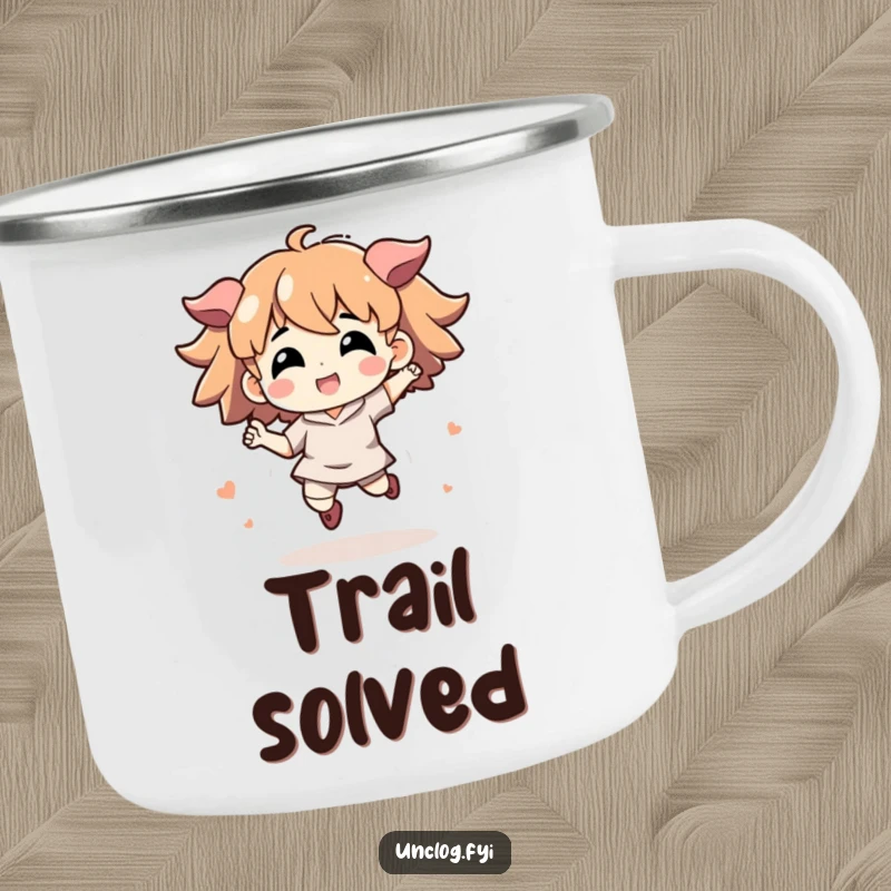 Funny camping mug with an energetic character jumping, symbolizing problem-solving and inspiration during outdoor adventures.