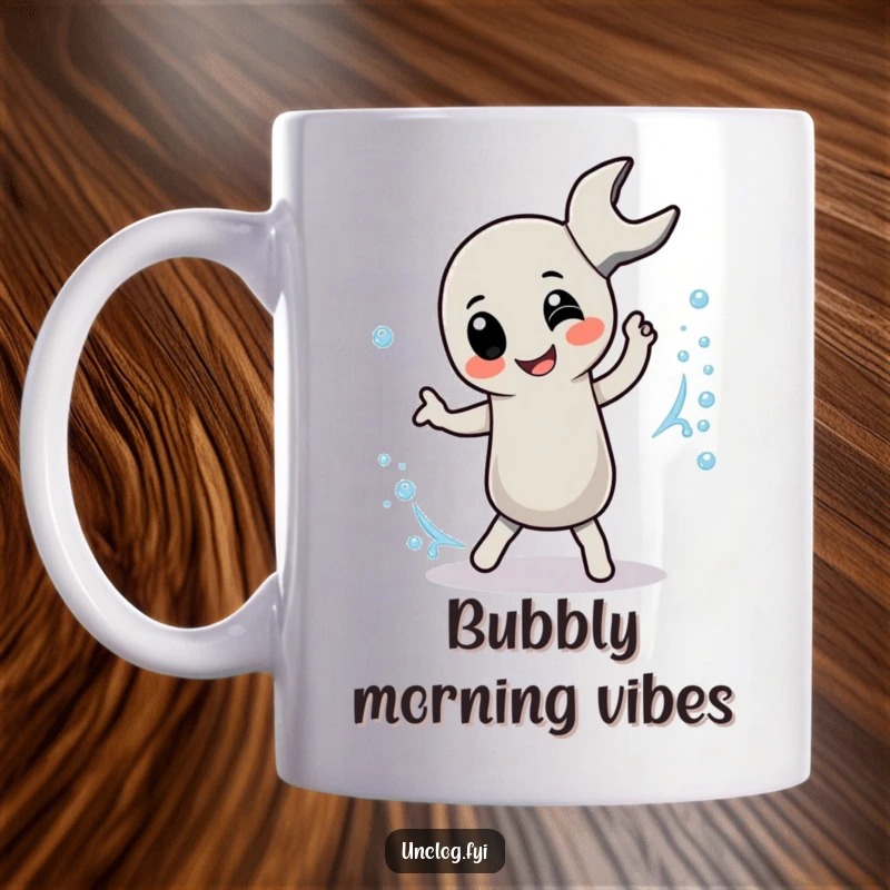 Funny Mug featuring a pipe wrench character playfully dancing with a bubbly stream, embodying cheerful plumbing.