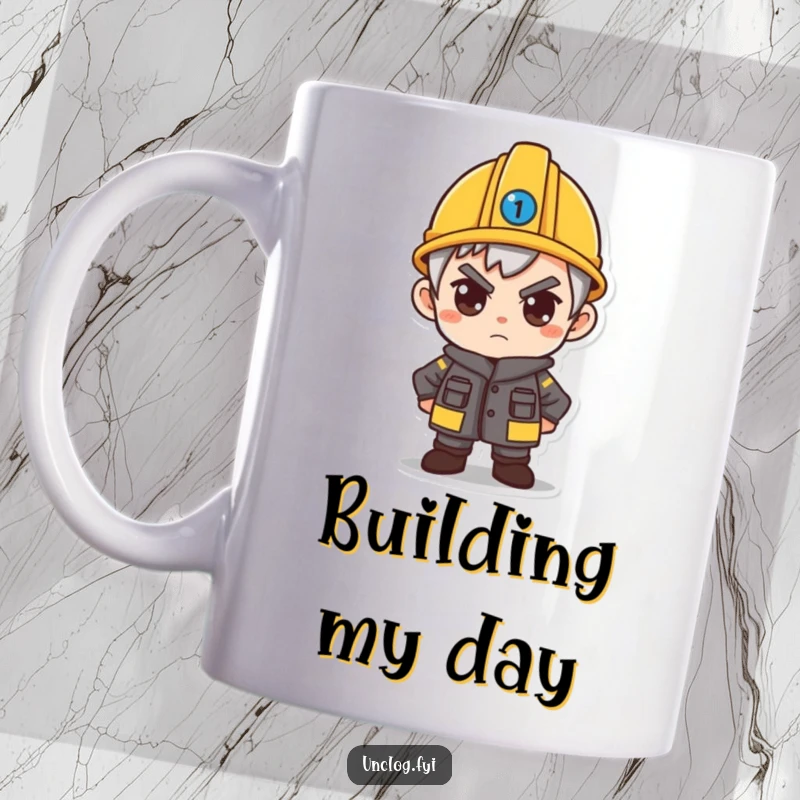 Funny mug featuring a character wearing a small hard hat, eyes fixed forward with strong determination, ready for action.