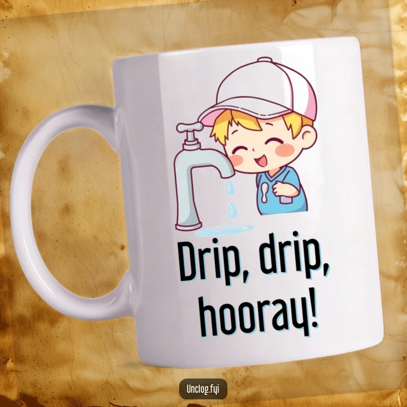 Funny mug featuring a cheerful character in a cap inspecting a dripping faucet, symbolizing minor household issues.